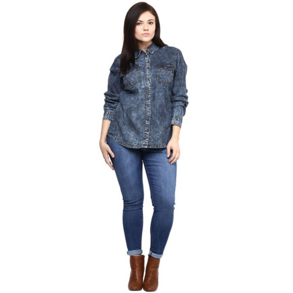 Snuggle Spot Women's Denim Solid Long Sleeves Shirt (Blue)