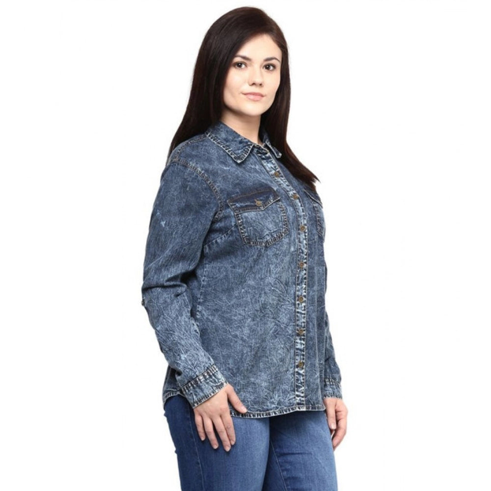 Snuggle Spot Women's Denim Solid Long Sleeves Shirt (Blue)