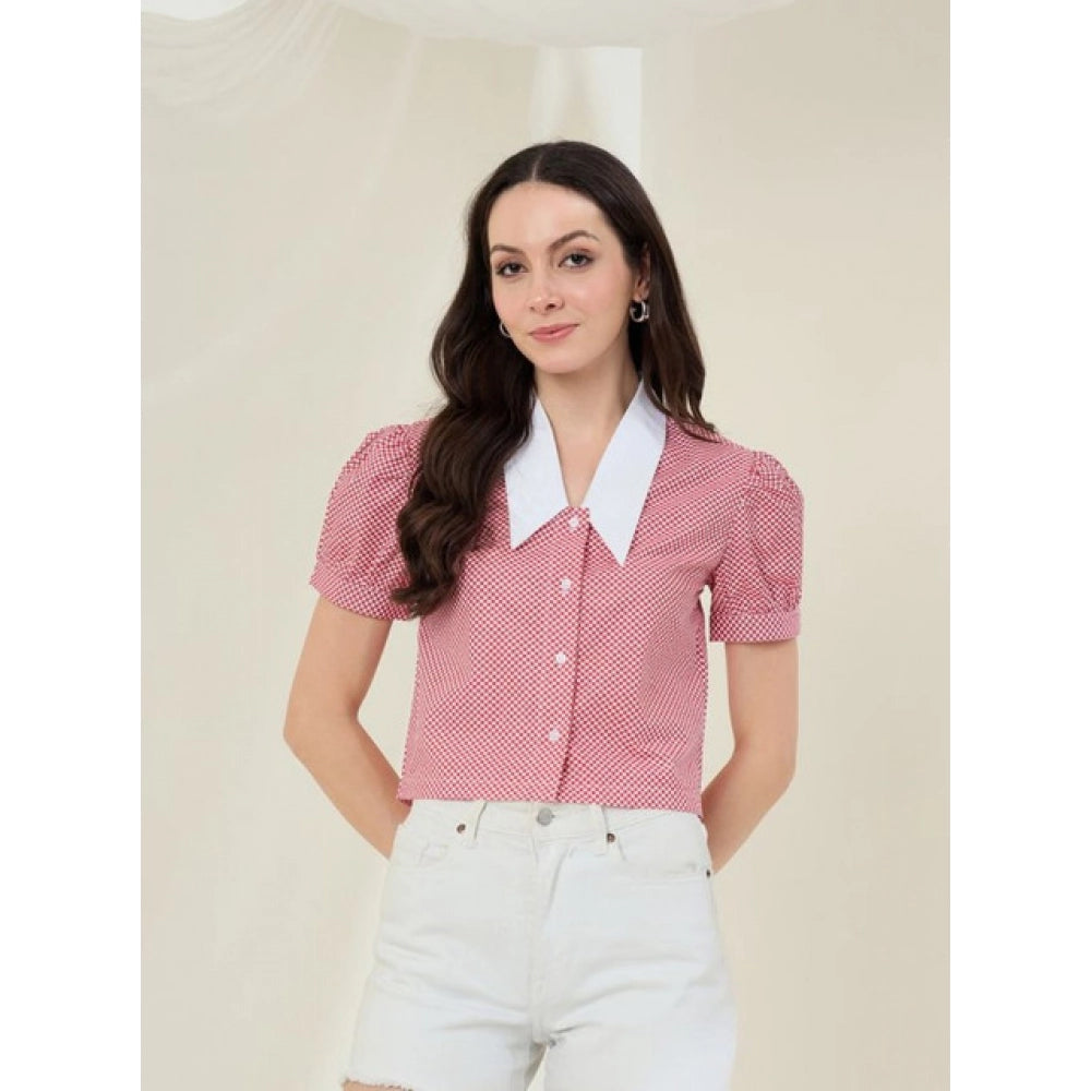 Snuggle Spot Women's Cotton Checkered Half Sleeve Shirt (Red - White)