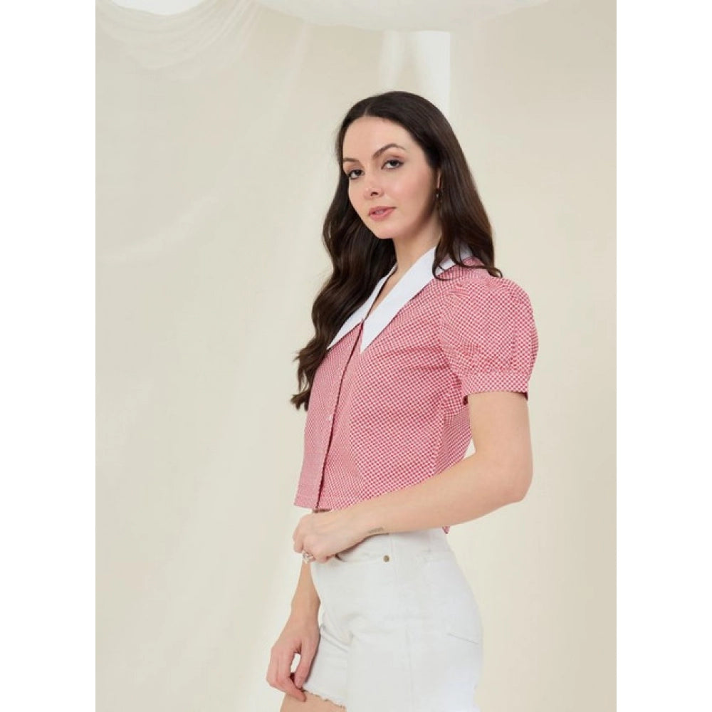 Snuggle Spot Women's Cotton Checkered Half Sleeve Shirt (Red - White)