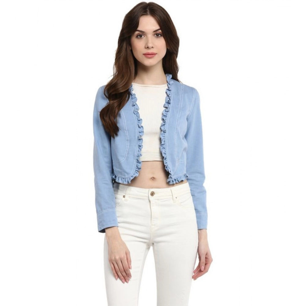 Snuggle Spot Women's Denim Ruffled Long Sleeves Shrug (Blue)