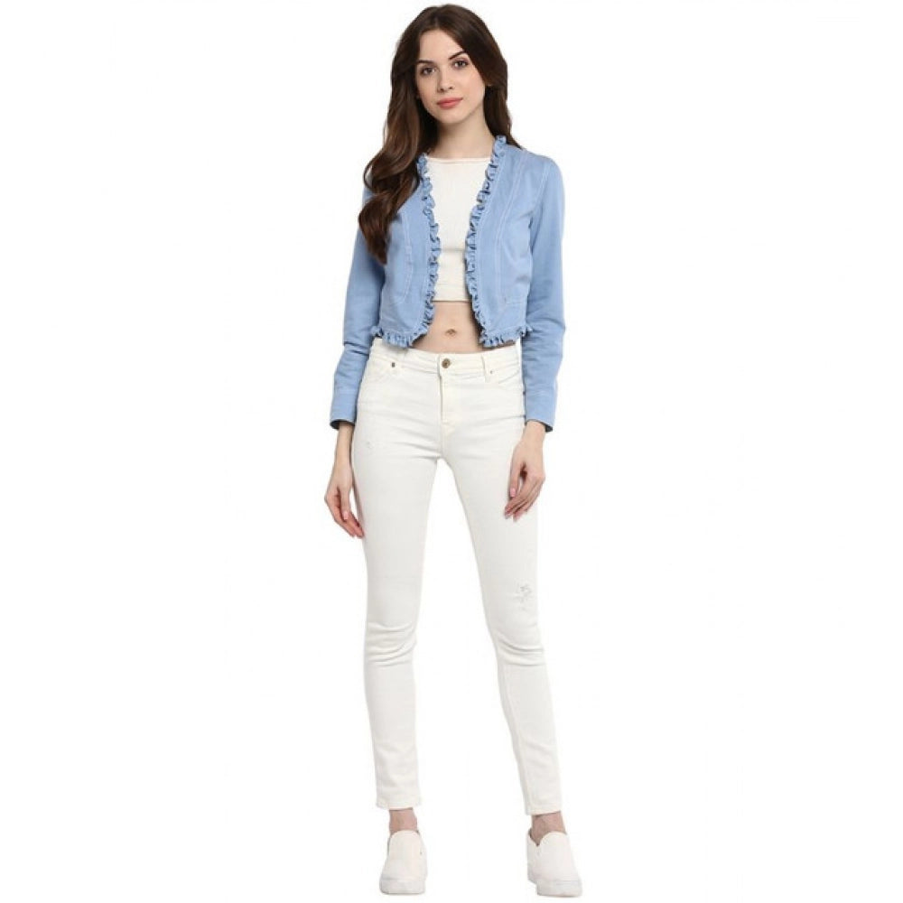 Snuggle Spot Women's Denim Ruffled Long Sleeves Shrug (Blue)