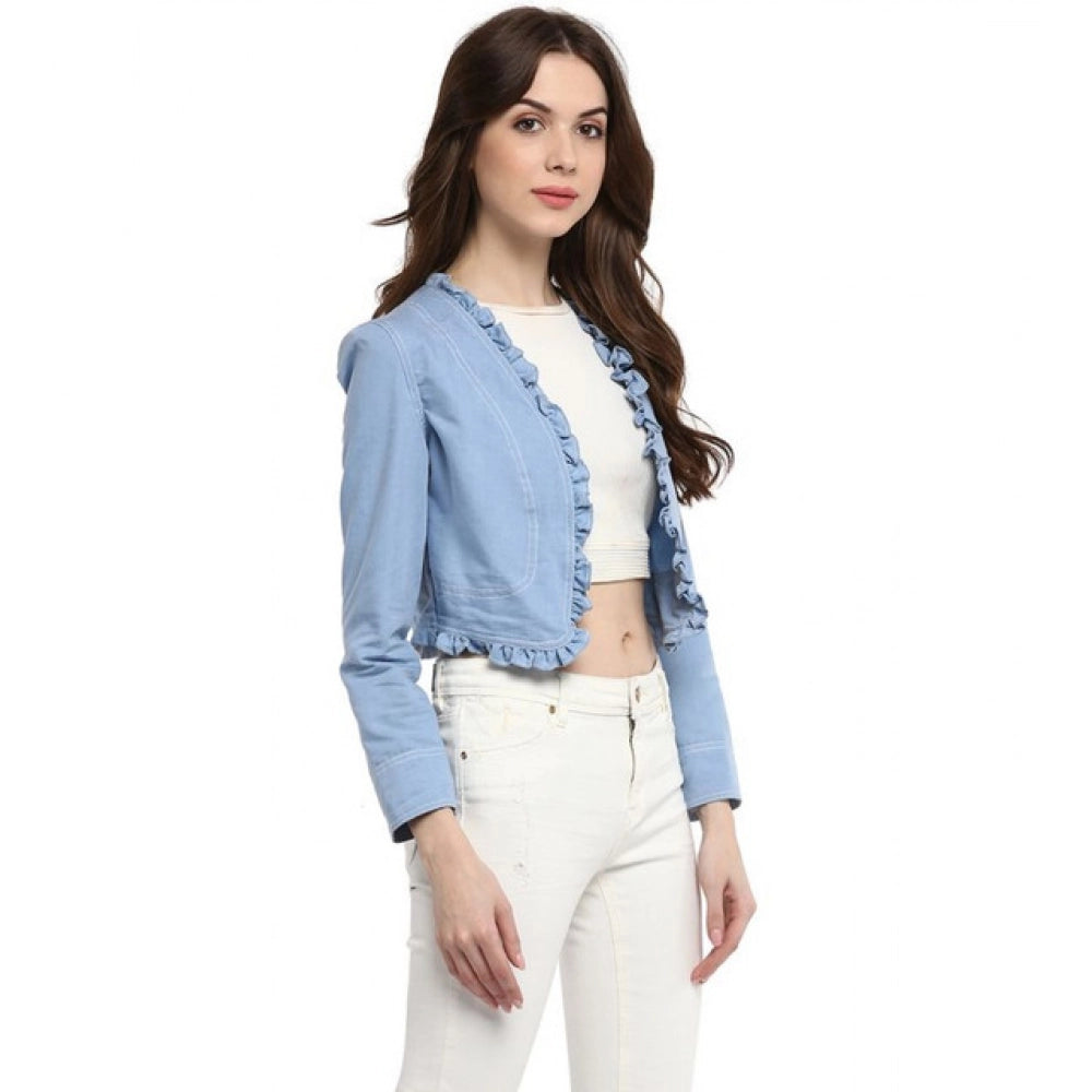 Snuggle Spot Women's Denim Ruffled Long Sleeves Shrug (Blue)
