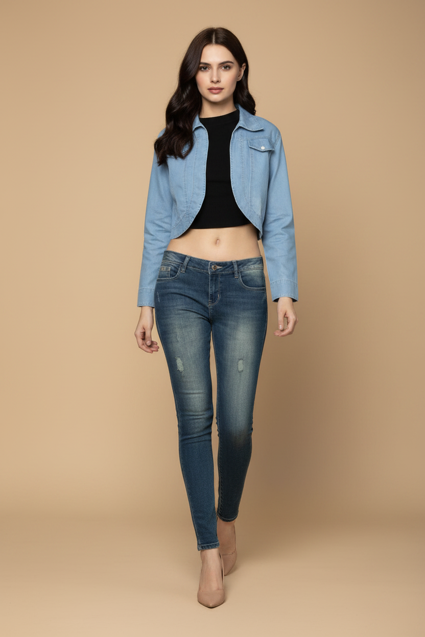 Snuggle Spot Women's Denim Solid 3-4th Sleeves Shrug (Blue)