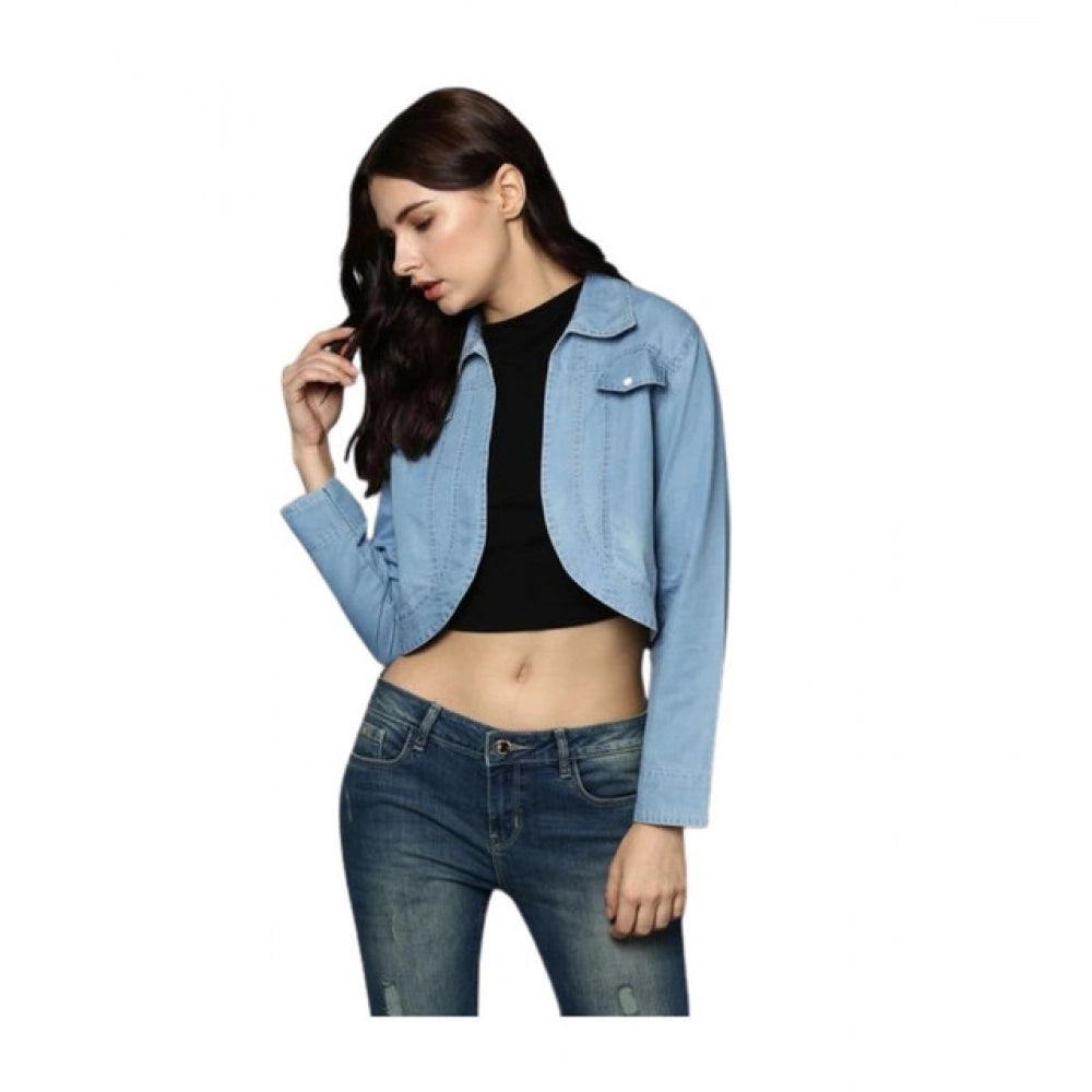 Snuggle Spot Women's Denim Solid 3-4th Sleeves Shrug (Blue)