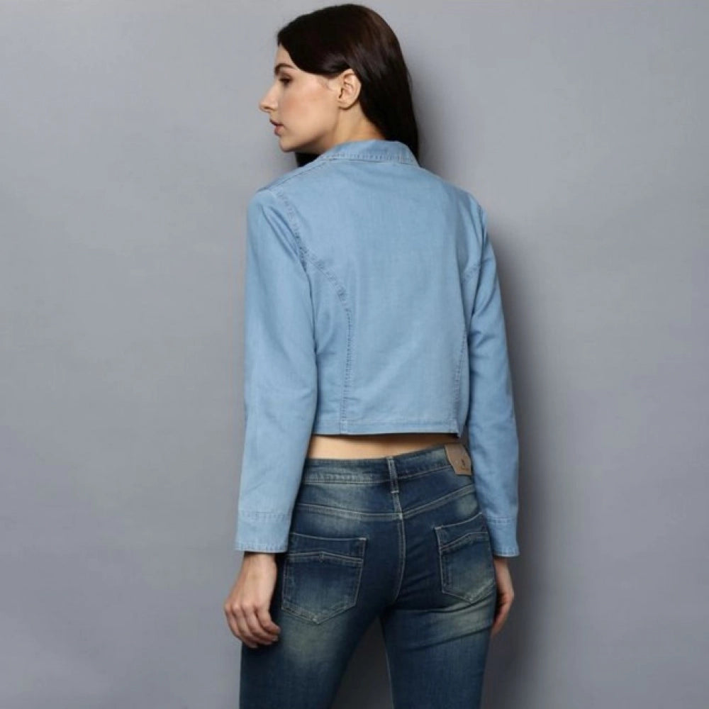 Snuggle Spot Women's Denim Solid 3-4th Sleeves Shrug (Blue)