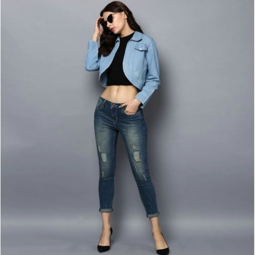 Snuggle Spot Women's Denim Solid 3-4th Sleeves Shrug (Blue)