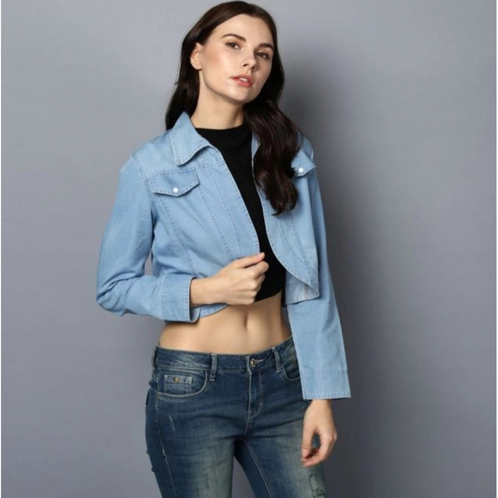 Snuggle Spot Women's Denim Solid 3-4th Sleeves Shrug (Blue)