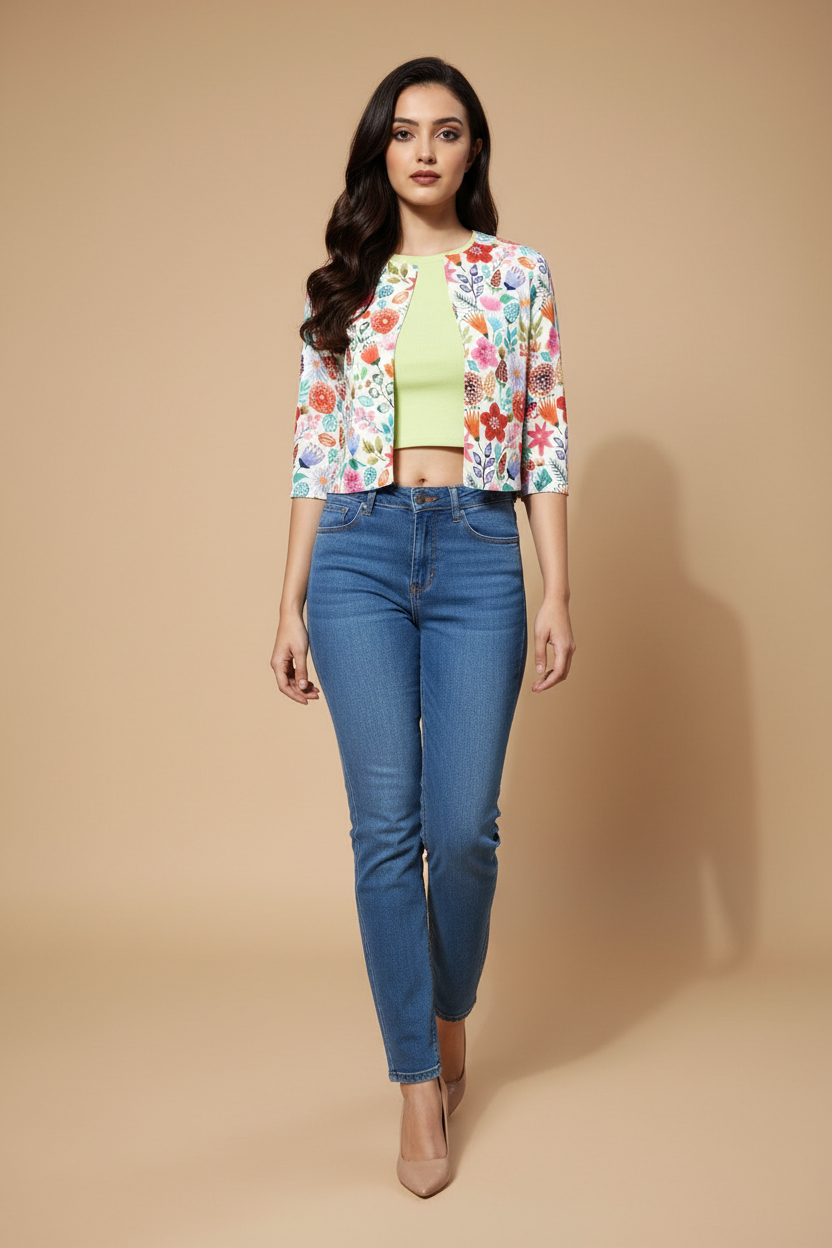 Snuggle Spot Women's Polyester Floral 3-4th Sleeves Shrug (Multicolor)