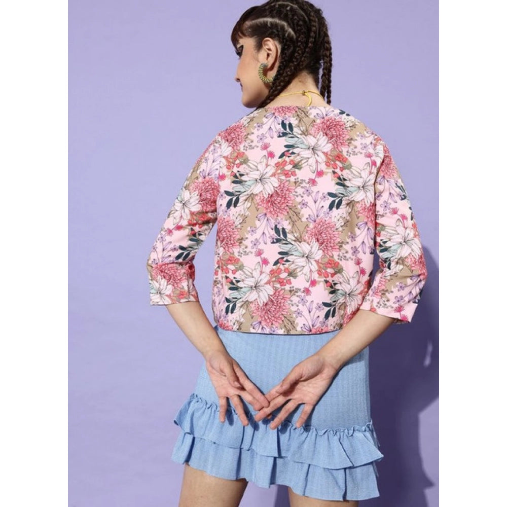 Snuggle Spot Women's Polyester Floral 3-4th Sleeves Shrug (Peach)