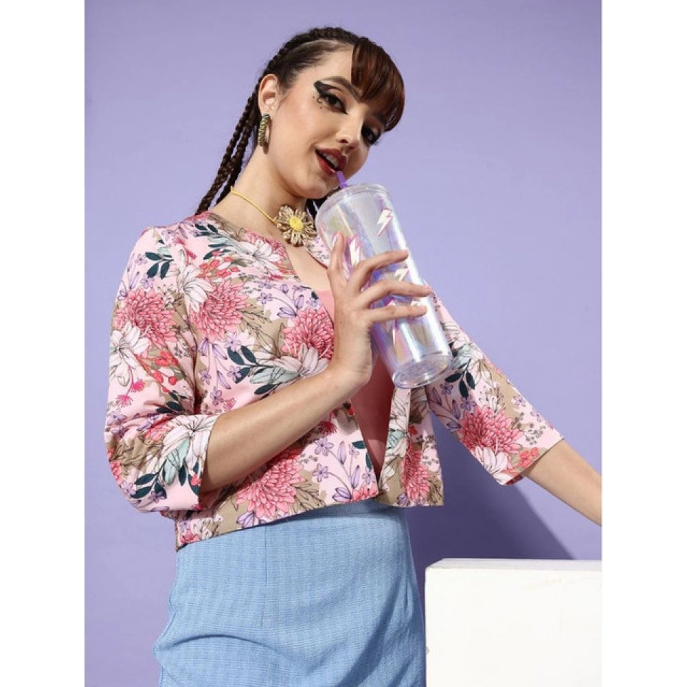 Snuggle Spot Women's Polyester Floral 3-4th Sleeves Shrug (Peach)