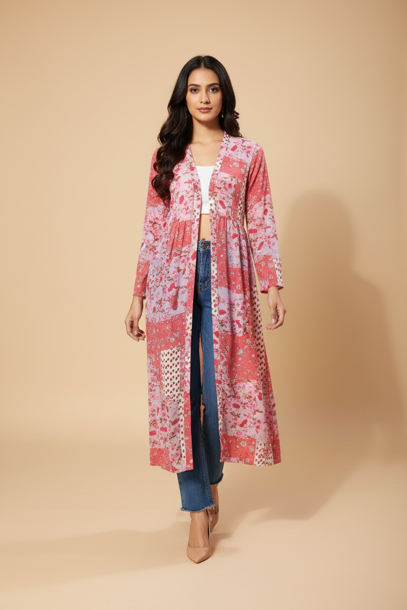 Snuggle Spot Women's Polyester Floral Long Sleeves Shrug (Pink-Coral)