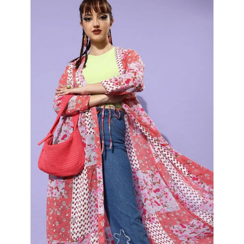 Snuggle Spot Women's Polyester Floral Long Sleeves Shrug (Pink-Coral)