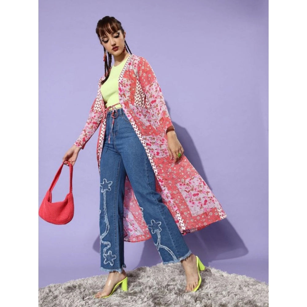 Snuggle Spot Women's Polyester Floral Long Sleeves Shrug (Pink-Coral)