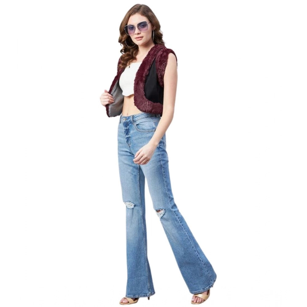 Snuggle Spot Women's Denim And Fur Solid Sleeveless Shrug (Black - Maroon)