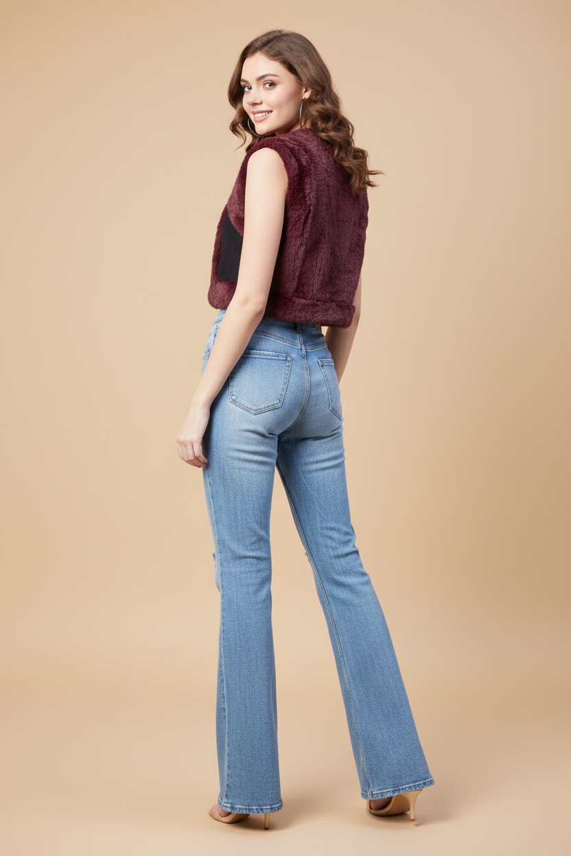 Snuggle Spot Women's Denim And Fur Solid Sleeveless Shrug (Black - Maroon)