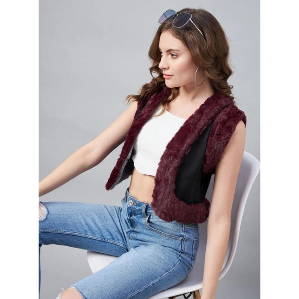 Snuggle Spot Women's Denim And Fur Solid Sleeveless Shrug (Black - Maroon)