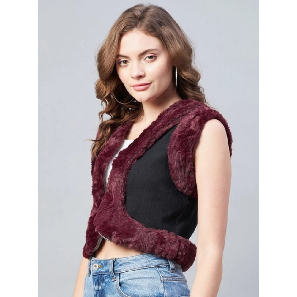 Snuggle Spot Women's Denim And Fur Solid Sleeveless Shrug (Black - Maroon)
