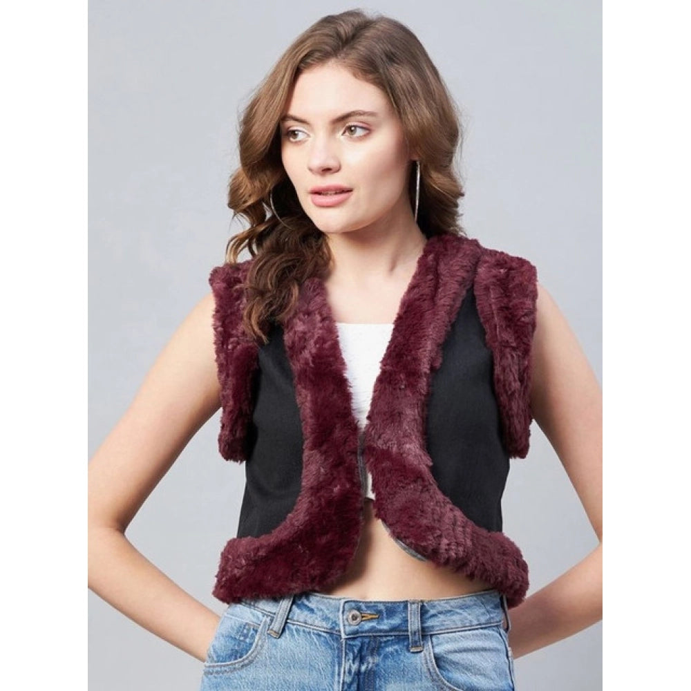 Snuggle Spot Women's Denim And Fur Solid Sleeveless Shrug (Black - Maroon)