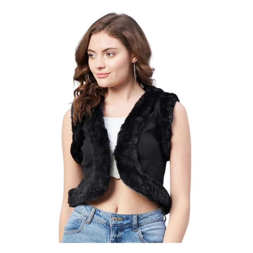 Snuggle Spot Women's Denim And Fur Solid Sleeveless Shrug (Black)