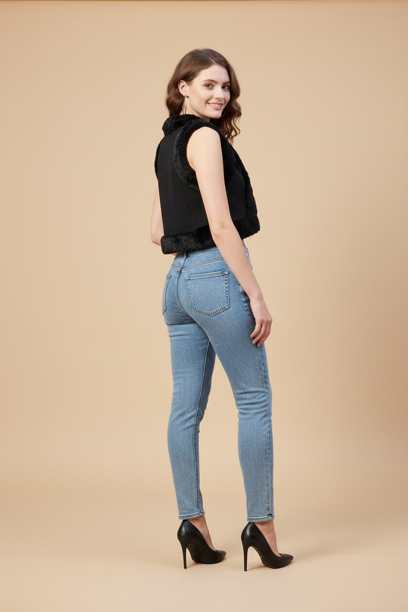 Snuggle Spot Women's Denim And Fur Solid Sleeveless Shrug (Black)