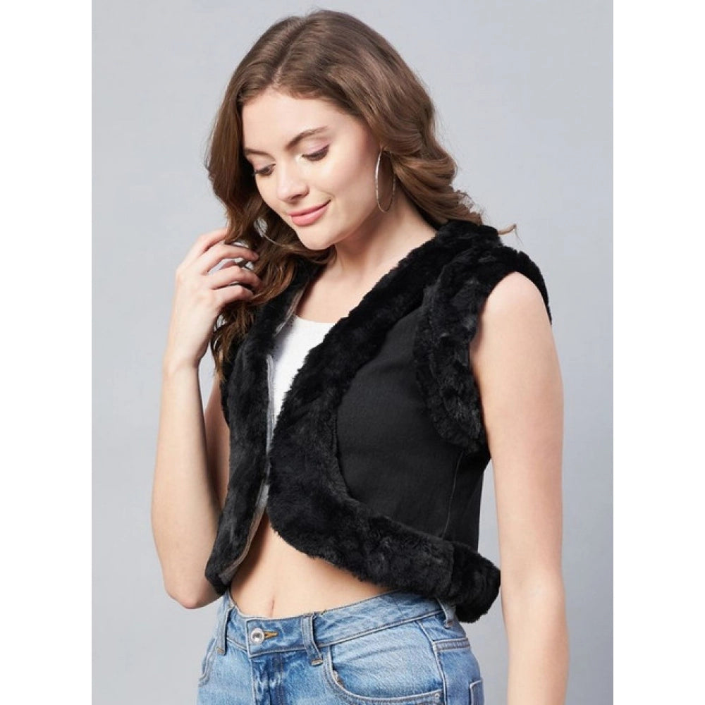 Snuggle Spot Women's Denim And Fur Solid Sleeveless Shrug (Black)