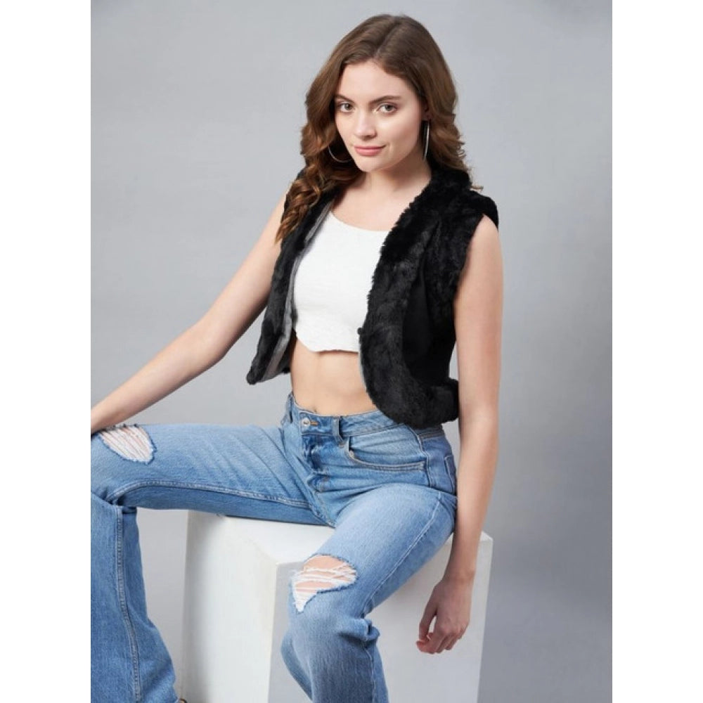Snuggle Spot Women's Denim And Fur Solid Sleeveless Shrug (Black)