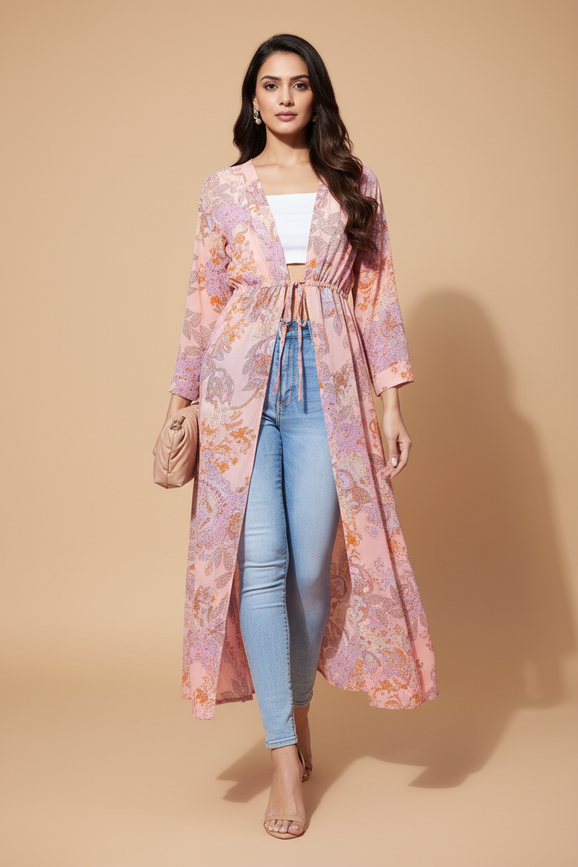 Woman wearing a floral kimono-style jacket over a white top and light blue jeans, holding a beige clutch.