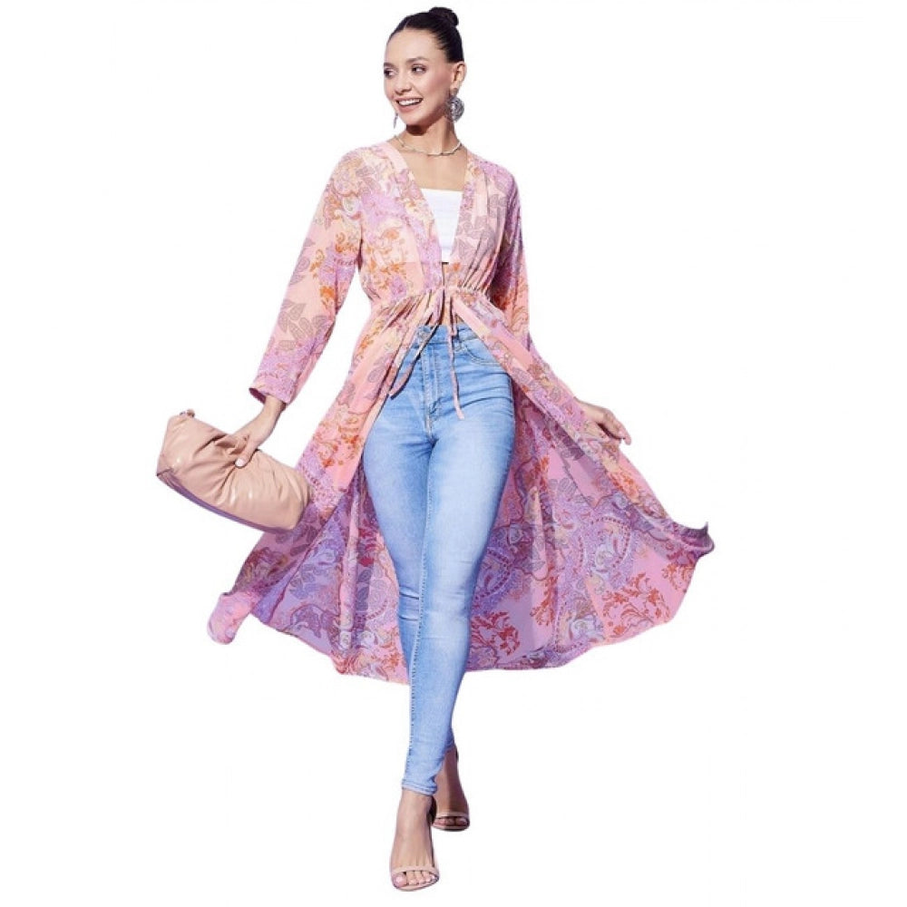 Snuggle Spot Women's Polyester Floral Long Sleeves Shrug (Peach)