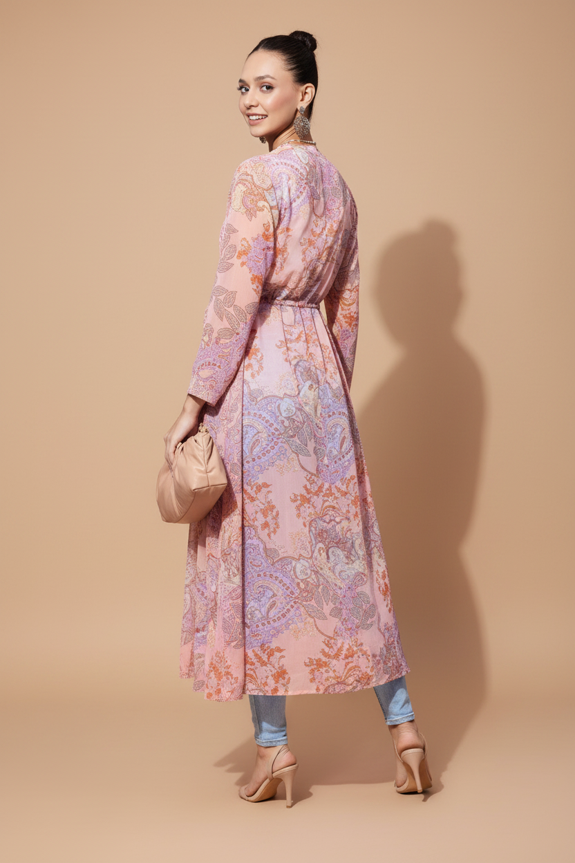 Snuggle Spot Women's Polyester Floral Long Sleeves Shrug (Peach)
