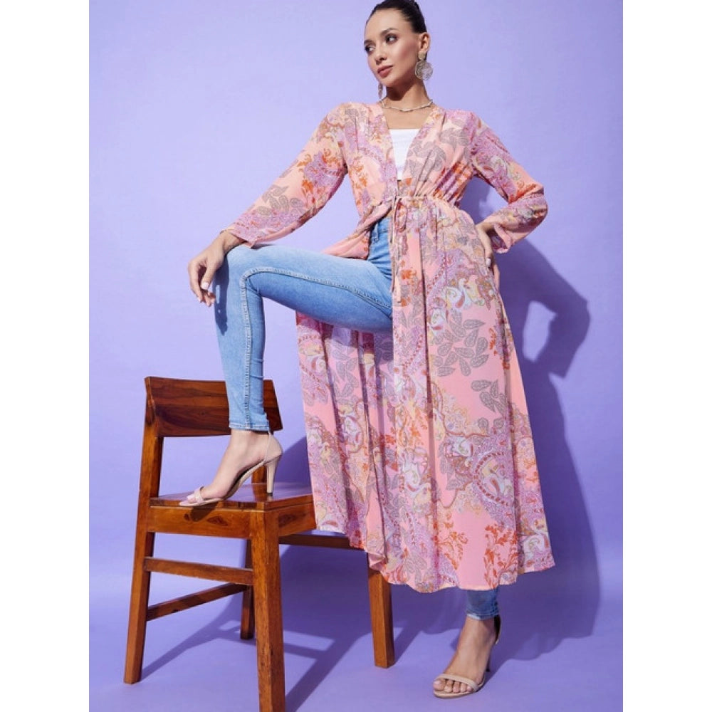 Snuggle Spot Women's Polyester Floral Long Sleeves Shrug (Peach)