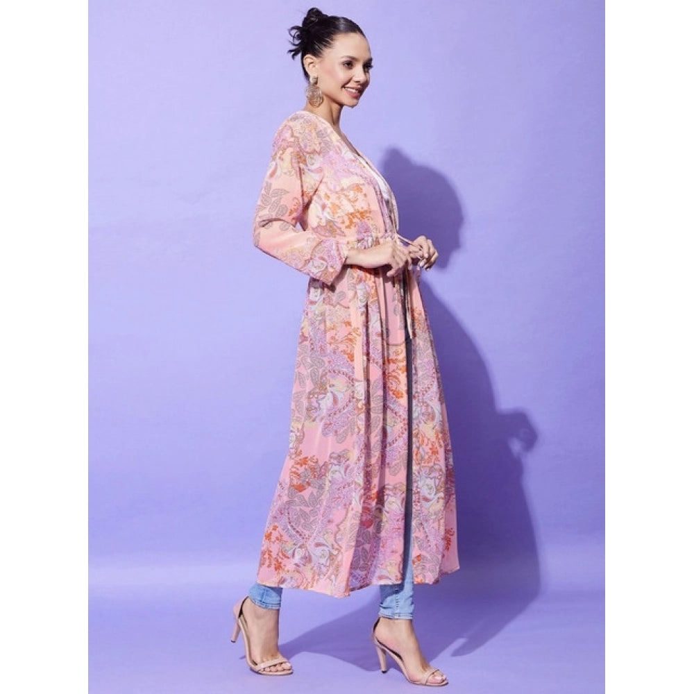 Snuggle Spot Women's Polyester Floral Long Sleeves Shrug (Peach)