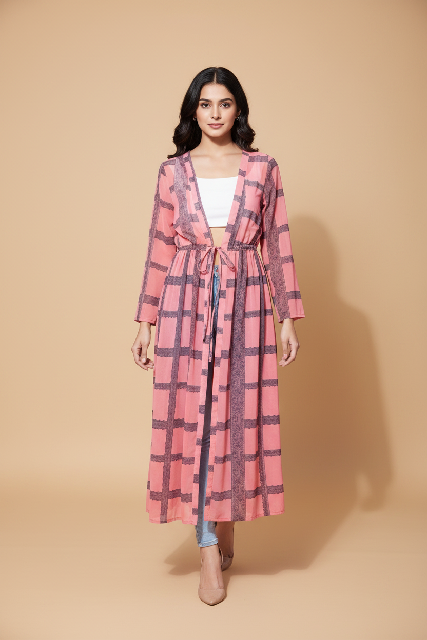 Snuggle Spot Women's Polyester Check Long Sleeves Shrug (Pink)