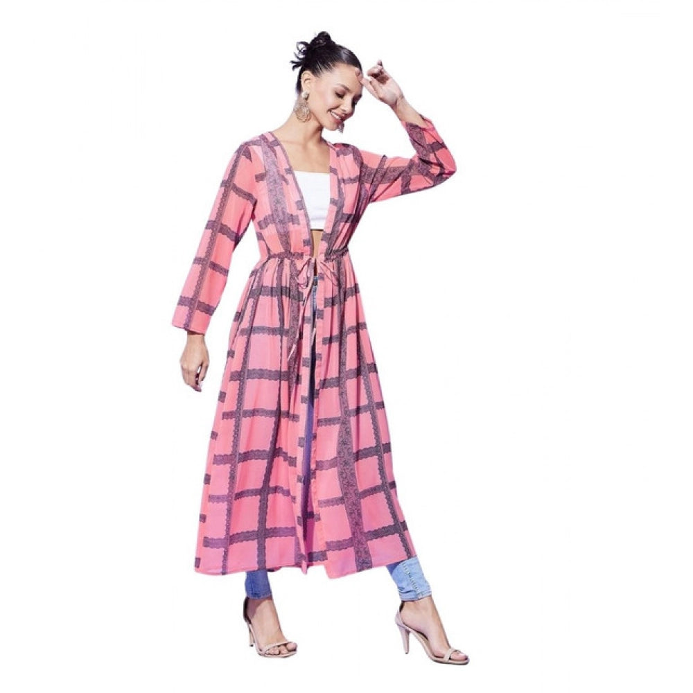 Snuggle Spot Women's Polyester Check Long Sleeves Shrug (Pink)