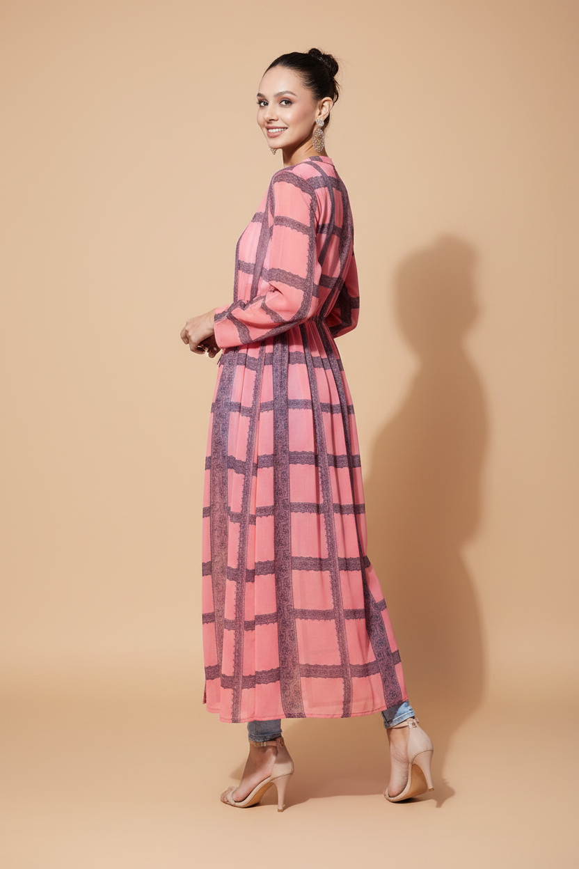 Snuggle Spot Women's Polyester Check Long Sleeves Shrug (Pink)