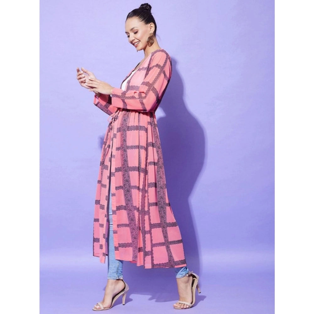 Snuggle Spot Women's Polyester Check Long Sleeves Shrug (Pink)