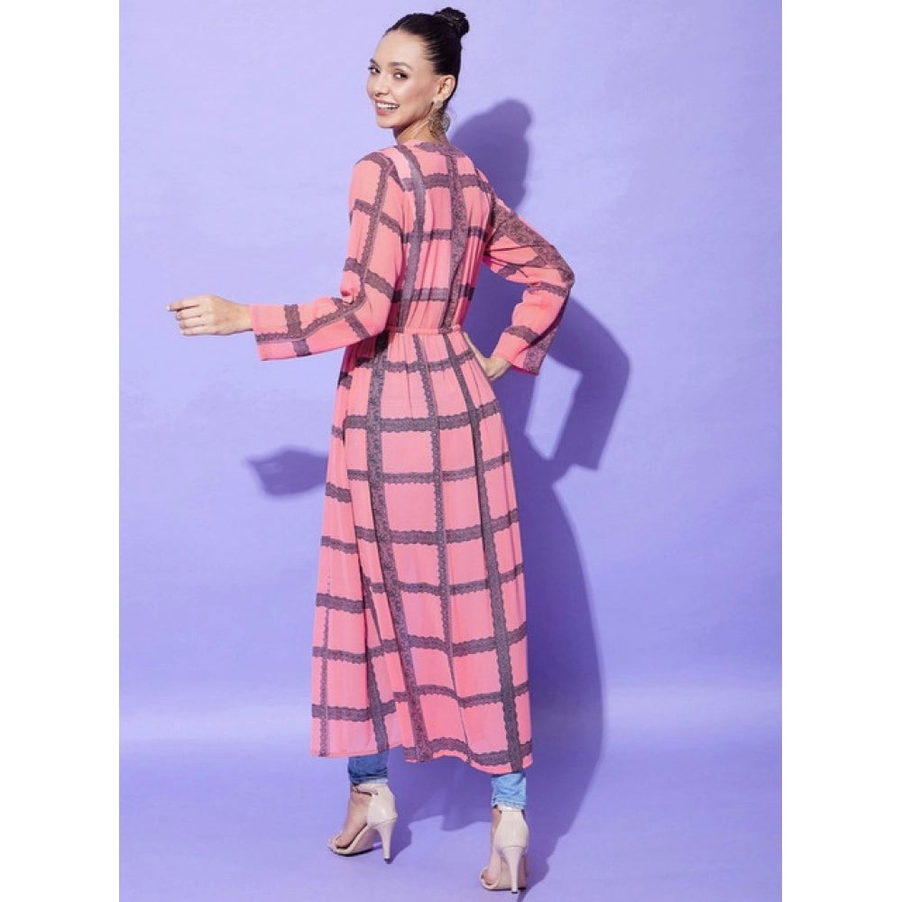 Snuggle Spot Women's Polyester Check Long Sleeves Shrug (Pink)