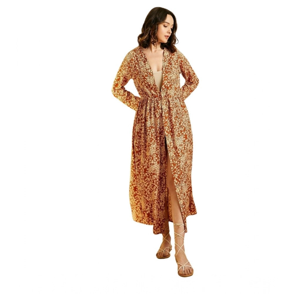 Snuggle Spot Women's Polyester Floral Long Sleeves Shrug (Brown)