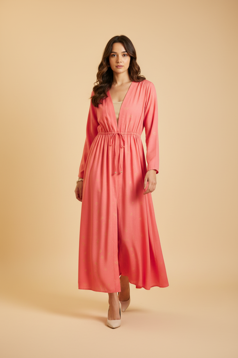 Woman wearing a coral pink dress on a white background