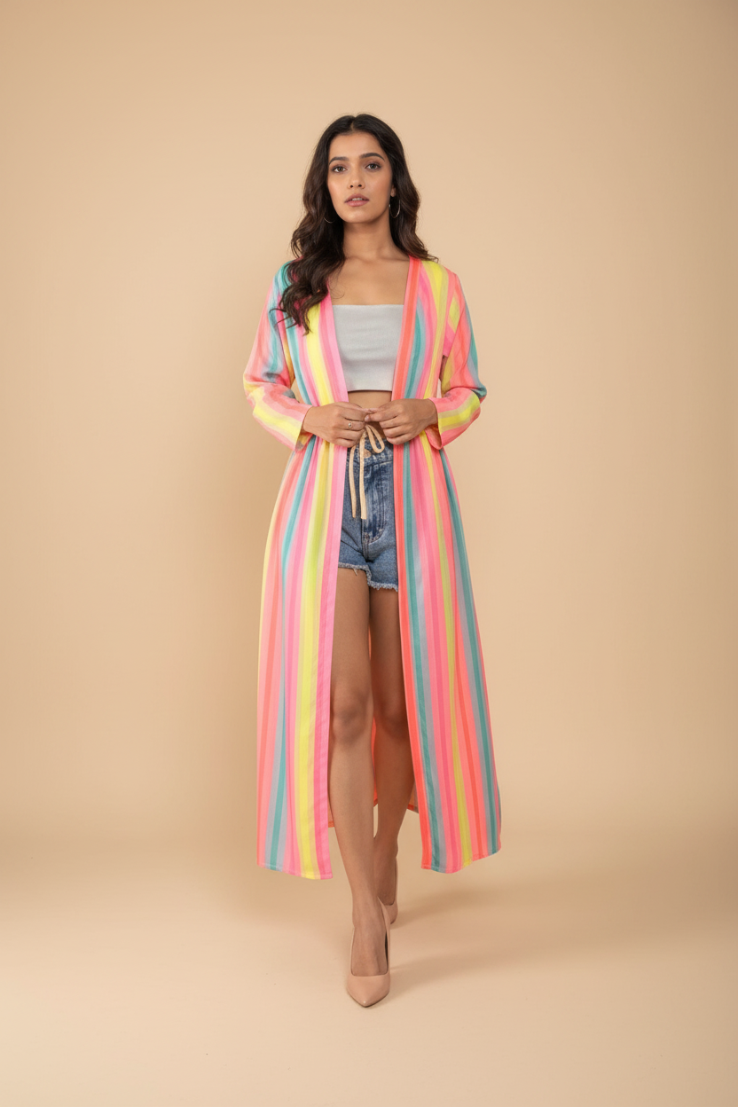 Woman wearing a colorful striped kimono-style garment on a white background