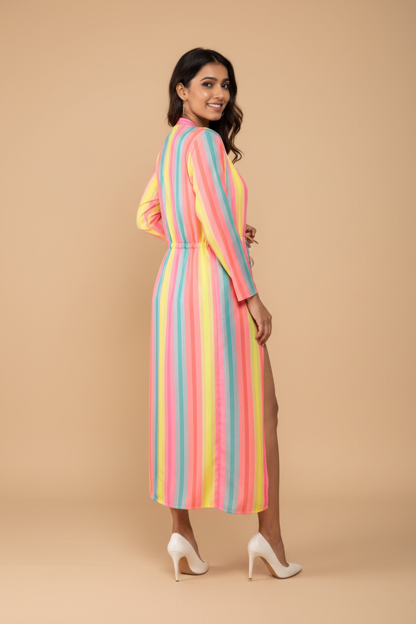 Woman wearing a colorful striped kimono-style garment on a white background