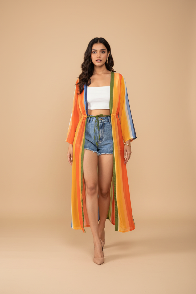 Woman wearing a colorful striped kimono over a white top and denim shorts on a white background