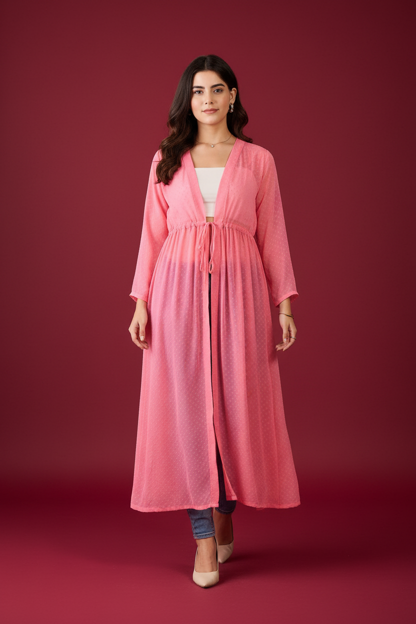 Woman wearing a pink long dress on a white background