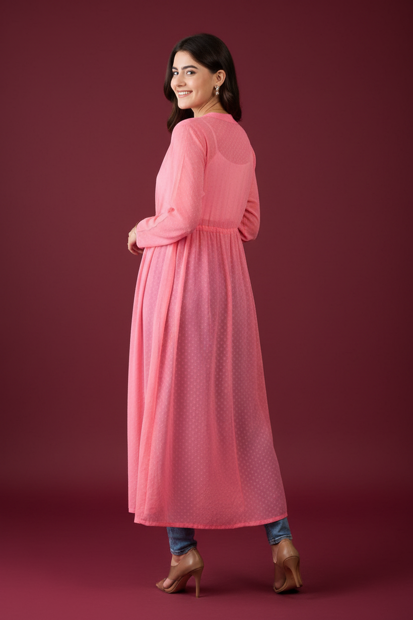 Woman wearing a pink long dress on a white background