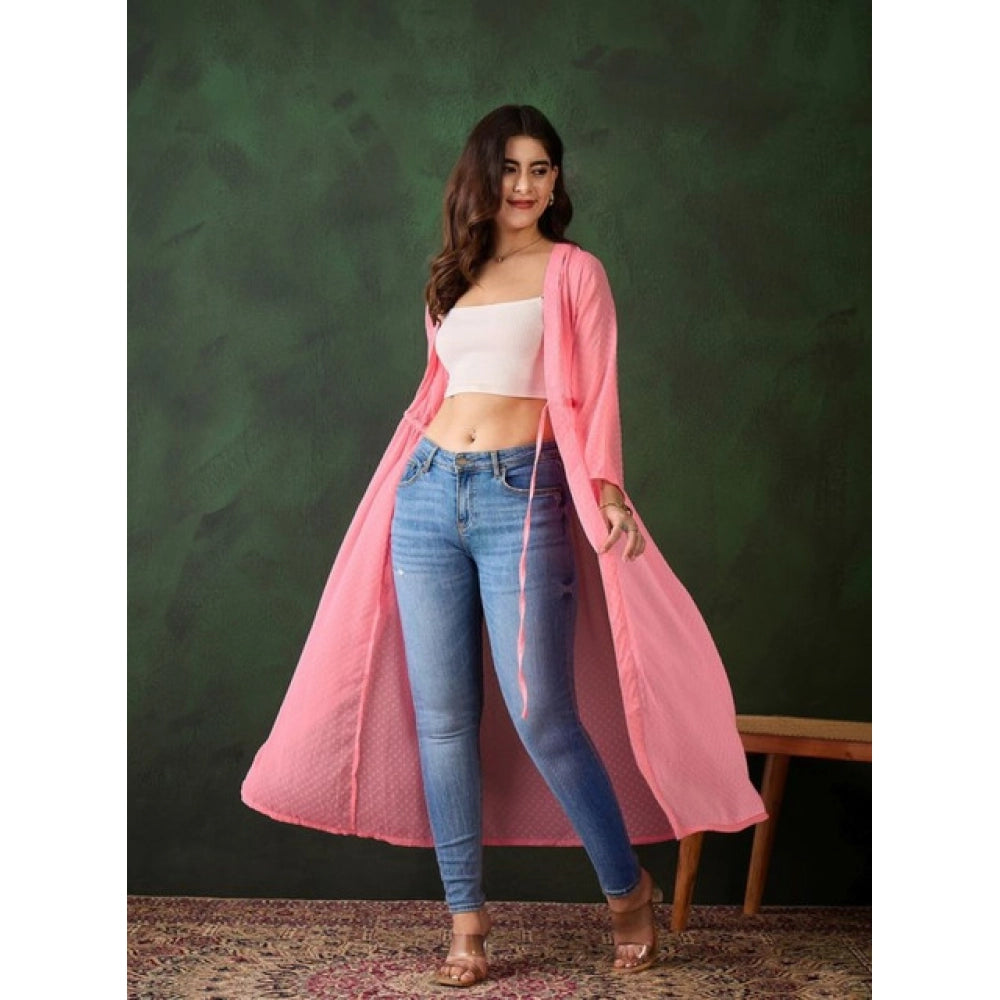 Snuggle Spot Women's Chiffon Self Design Long Sleeves Shrug (Pink)