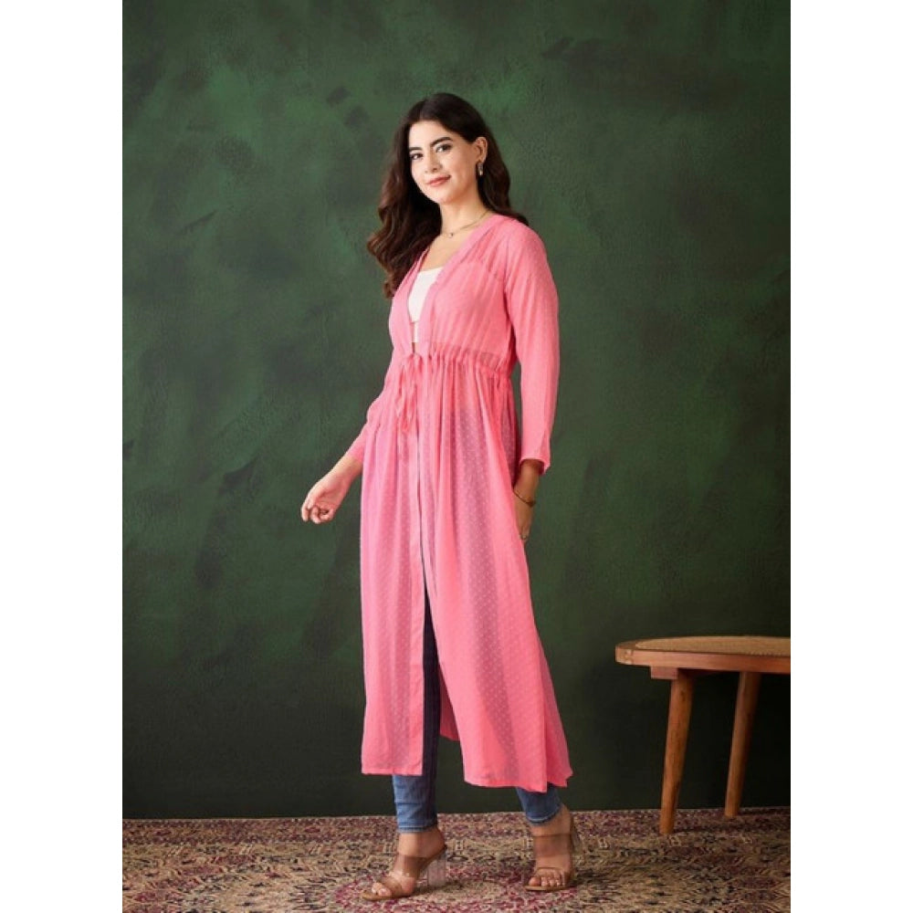 Snuggle Spot Women's Chiffon Self Design Long Sleeves Shrug (Pink)