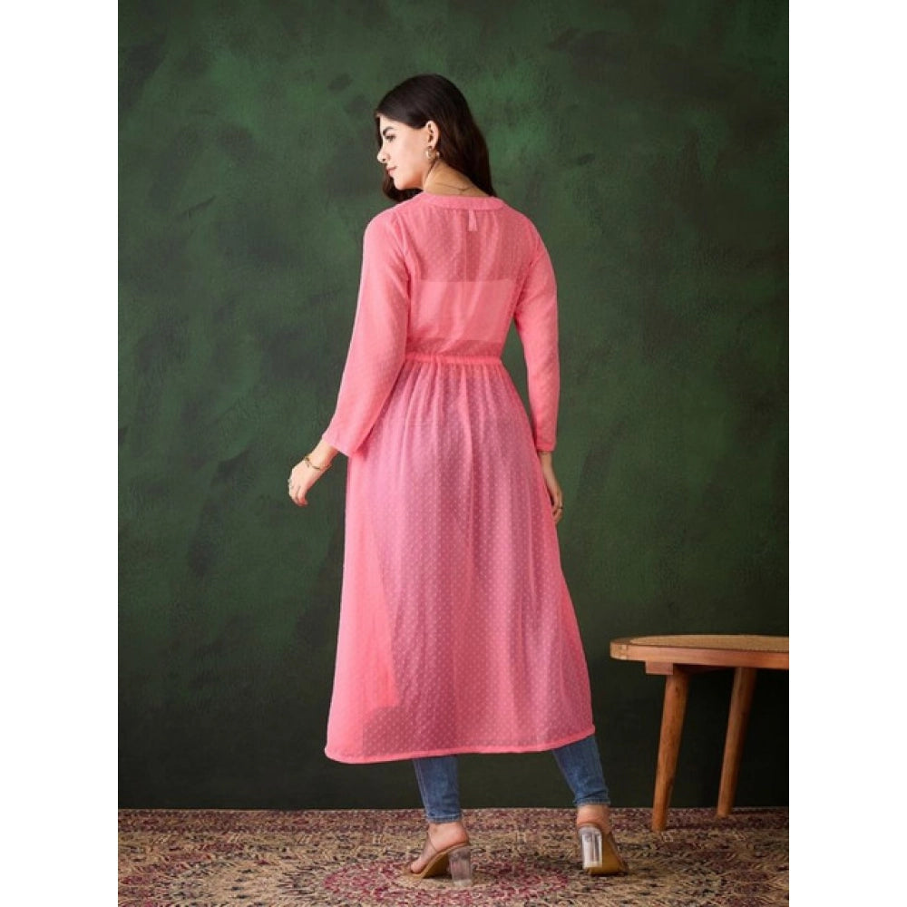 Snuggle Spot Women's Chiffon Self Design Long Sleeves Shrug (Pink)