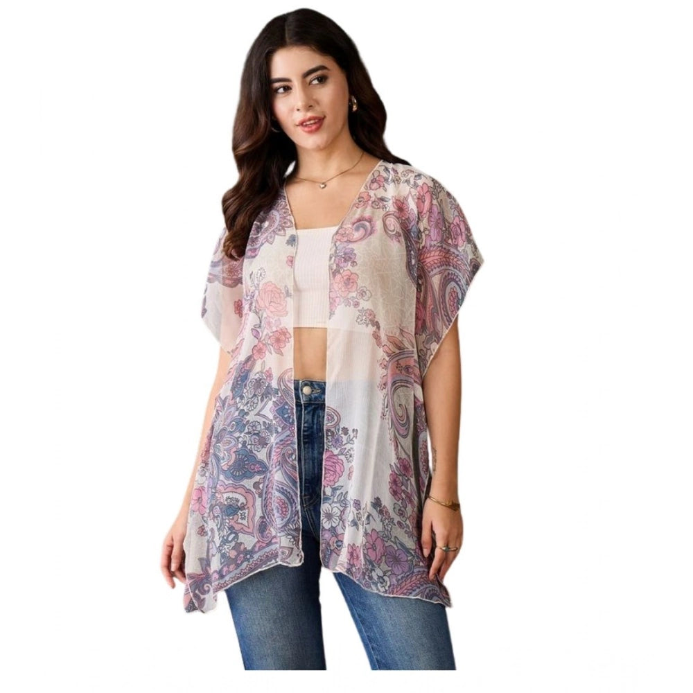 Snuggle Spot Women's Chiffon Printed Short Sleeves Shrug (White - Purple)