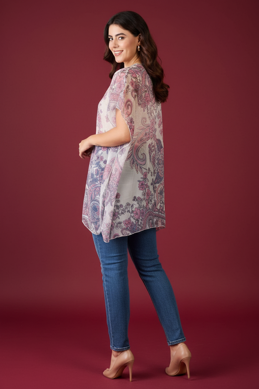 Woman wearing a floral kimono-style top on a white background