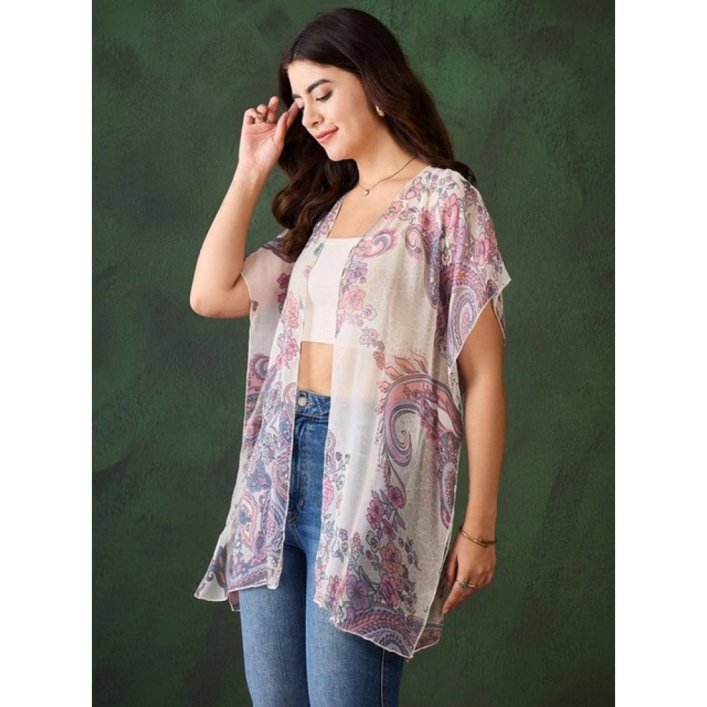 Snuggle Spot Women's Chiffon Printed Short Sleeves Shrug (White - Purple)